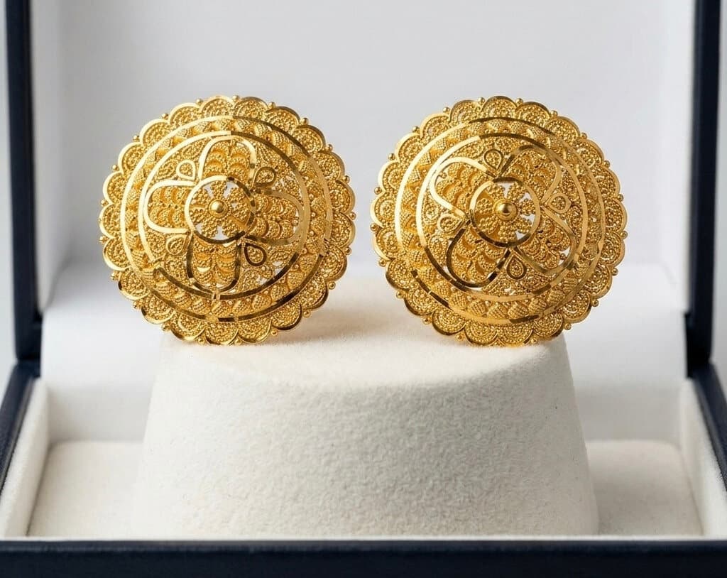 Round 22ct gold filigree stud earrings in a gift box