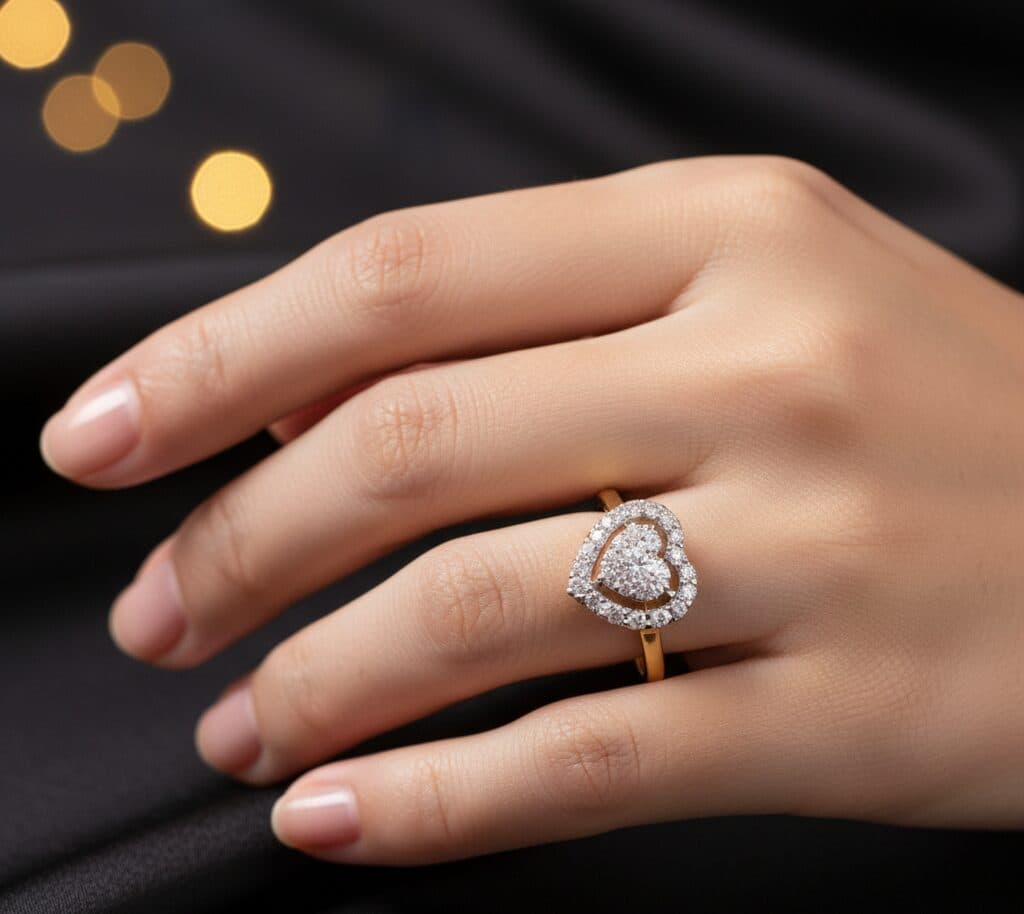 A heart-shaped diamond halo ring worn on the hand, against dark satin