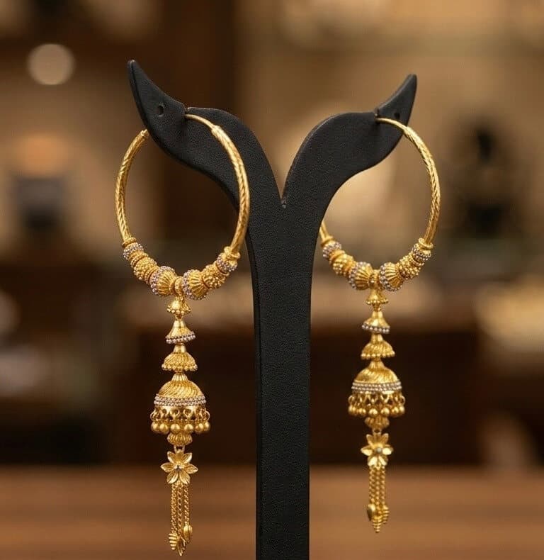 A pair of 22ct gold hoop earrings with tiered bell-shaped jhumka drops and small flower tassels